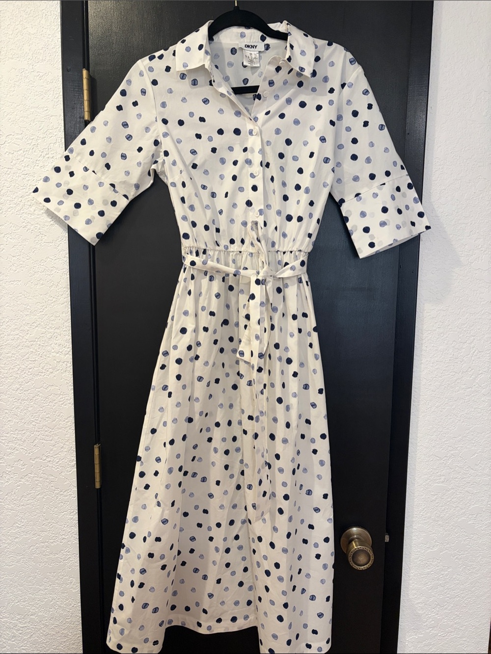 DKNY White Midi Shirt Dress with Navy Polka Dots